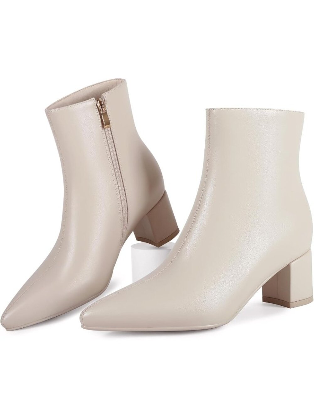 Women's Beige Pointed Toe Chunky Low Heel Comfortable Side Zipper Ankle Booties